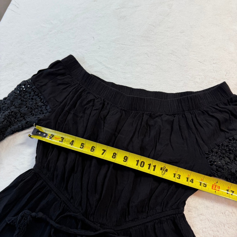 Hint of Blush Romper Womens L Black Good Crochet Lace Sleeve Boho Off Shoulder - Picture 6 of 11